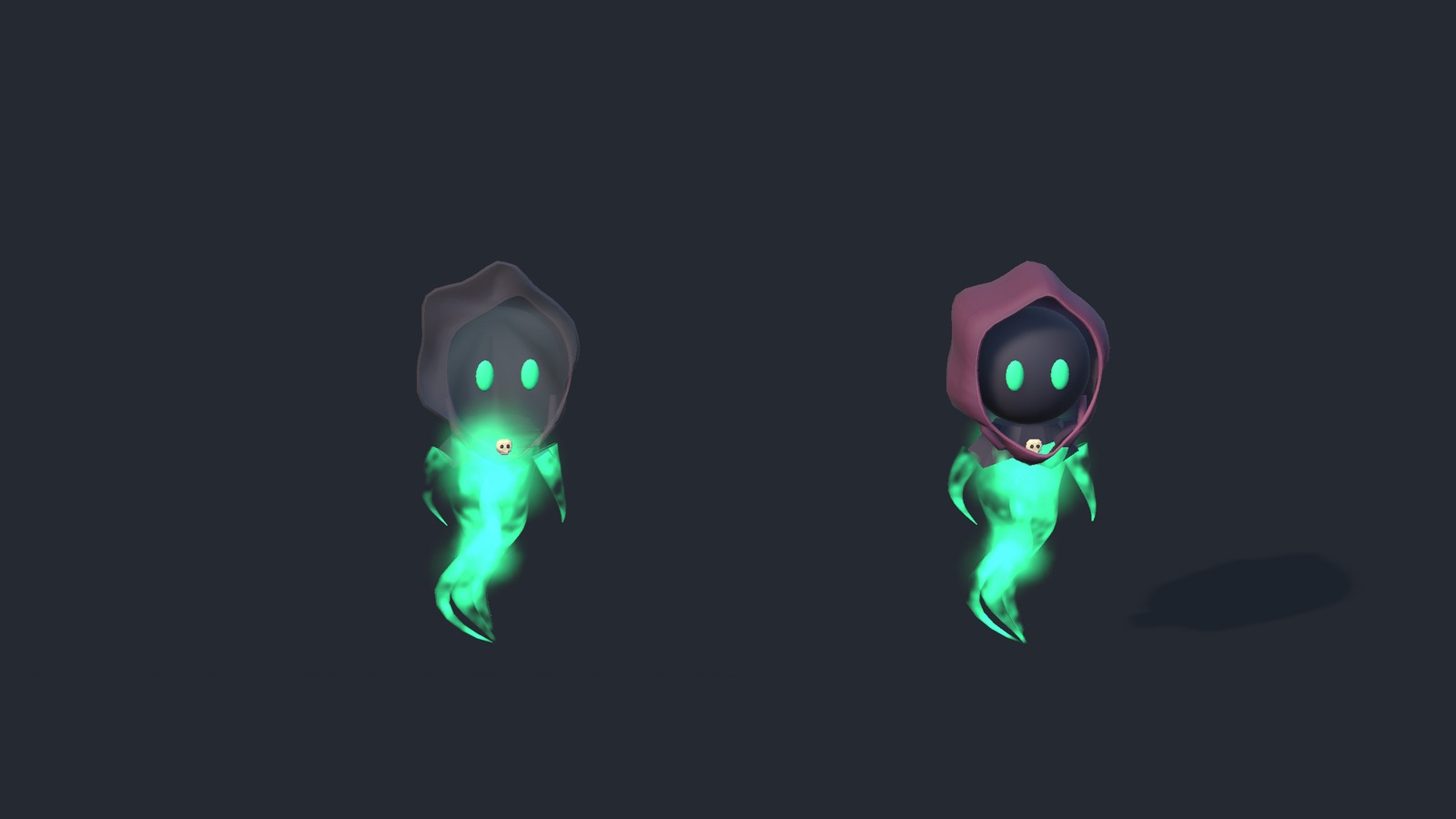 Solid and translucent ghost hood options with glowing spectral smoke bodies.