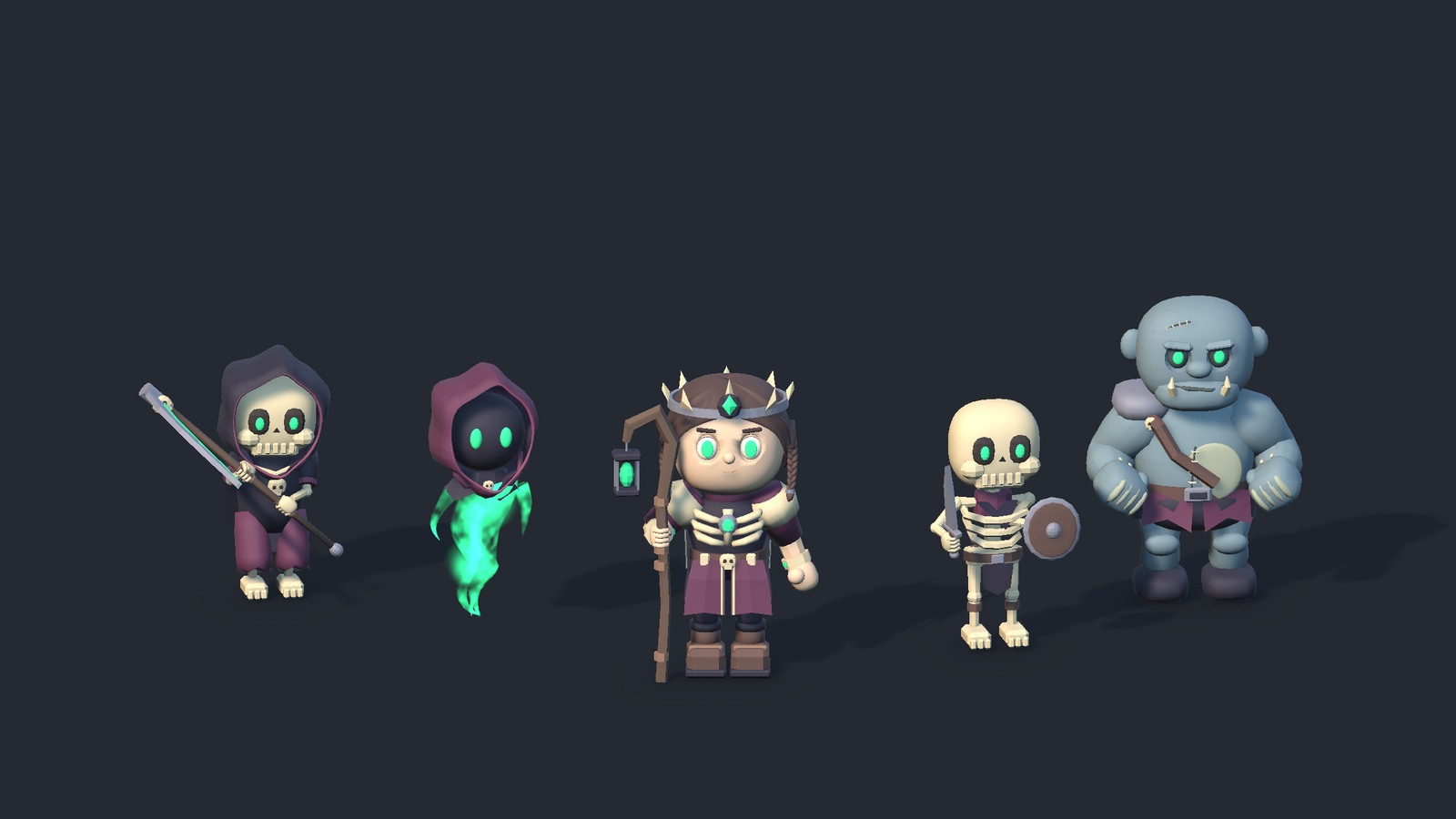 A crowned necromancer leads a skeleton warrior, spectral ghost, undead ogre, and scythe-bearing reaper.